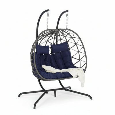 Double Swing Egg Chair with Stand, Patio Rattan Wicker Hammock Egg Chair with UV Cushion, 2 Person Outdoor Indoor Hanging Basket Chair, 600LBS Capacity for Balcony, Dark Blue and Gray