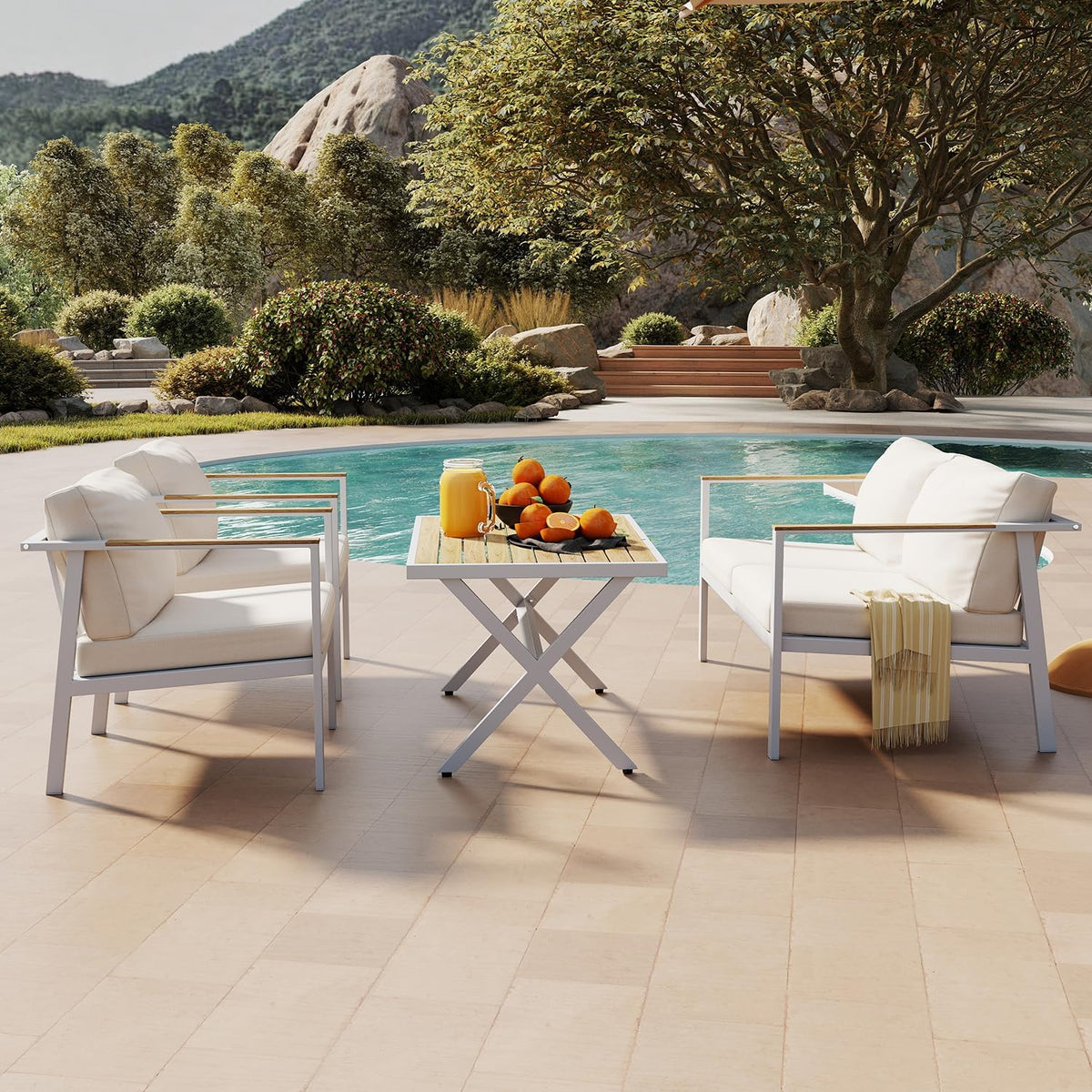 Aluminum Patio Sectional Furniture Set,5 Piece Patio Conversation Sets Outdoor Patio Furniture Set Sofa with Coffee Table & Washable Cushions White