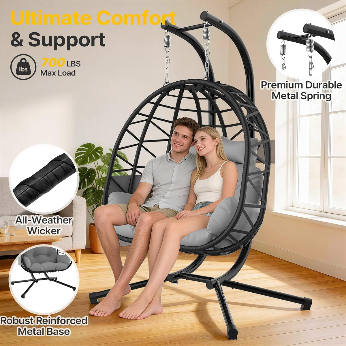 Double Hanging Egg Chair with Stand, Outdoor Indoor 2 Person Wicker Egg Swing Chair with Cushion, 700Lbs Capacity for Patio, Bedroom, Garden - Black