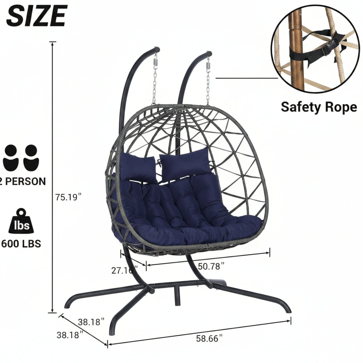 Double Swing Egg Chair with Stand, Patio Rattan Wicker Hammock Egg Chair with UV Cushion, 2 Person Outdoor Indoor Hanging Basket Chair, 600LBS Capacity for Balcony, Dark Blue and Gray