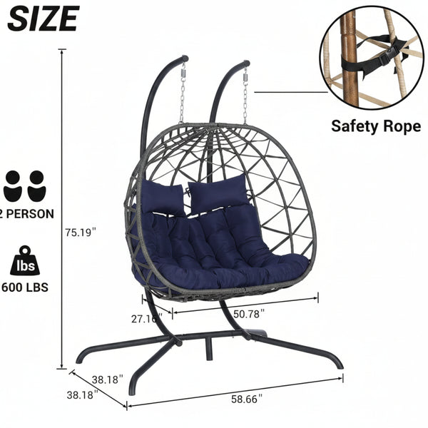 Double Swing Egg Chair with Stand, Patio Rattan Wicker Hammock Egg Chair with UV Cushion, 2 Person Outdoor Indoor Hanging Basket Chair, 600LBS Capacity for Balcony, Dark Blue and Gray