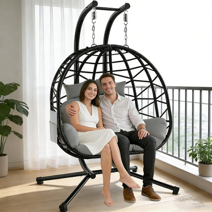 Double Hanging Egg Chair with Stand, Outdoor Indoor 2 Person Wicker Egg Swing Chair with Cushion, 700Lbs Capacity for Patio, Bedroom, Garden - Black