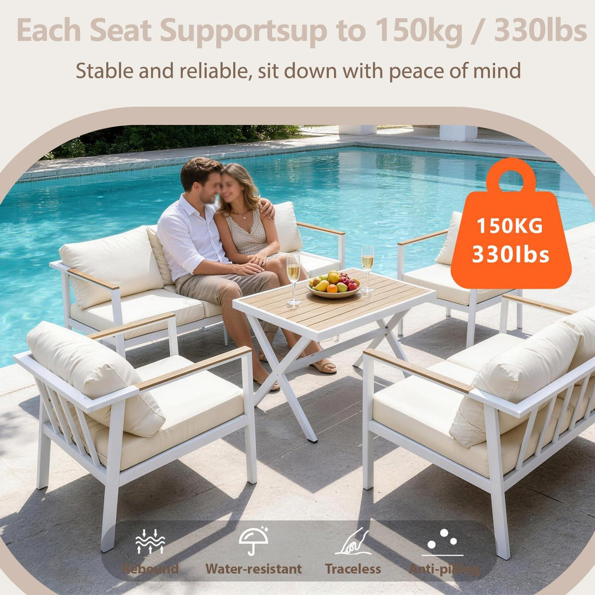 Aluminum Patio Sectional Furniture Set,5 Piece Patio Conversation Sets Outdoor Patio Furniture Set Sofa with Coffee Table & Washable Cushions White