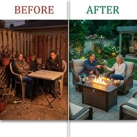 7 Piece Outdoor Patio Furniture Set, Patio Furniture Set with Fire Pit Table Rattan Wicker Patio Furniture Set, Brown Wicker & Beige Cushion — Before & After