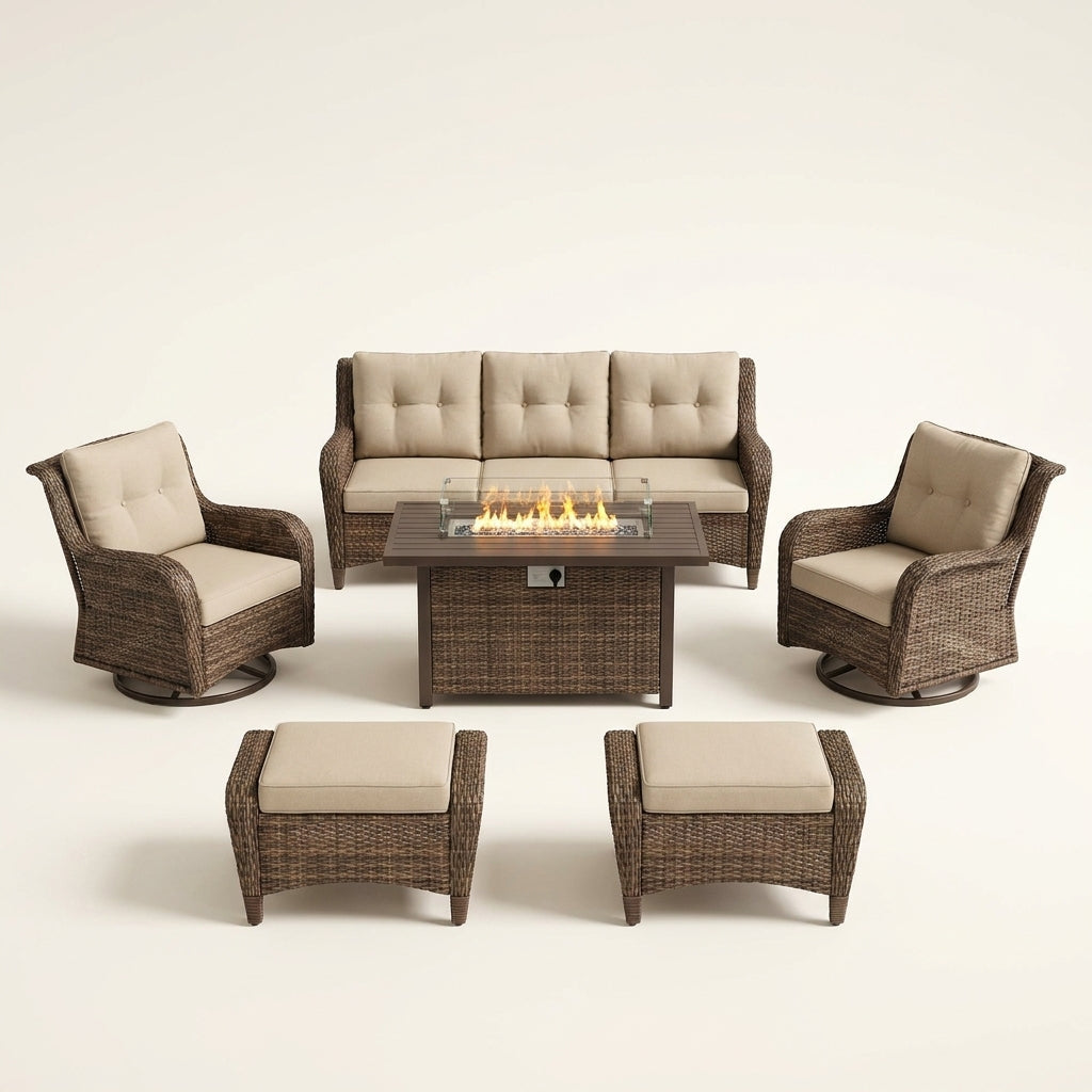 7 Piece Outdoor Patio Furniture Set, Patio Furniture Set with Fire Pit Table Rattan Wicker Patio Furniture Set, Brown Wicker & Beige Cushion — Studio Shot