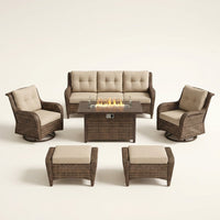 7 Piece Outdoor Patio Furniture Set, Patio Furniture Set with Fire Pit Table Rattan Wicker Patio Furniture Set, Brown Wicker & Beige Cushion — Studio Shot