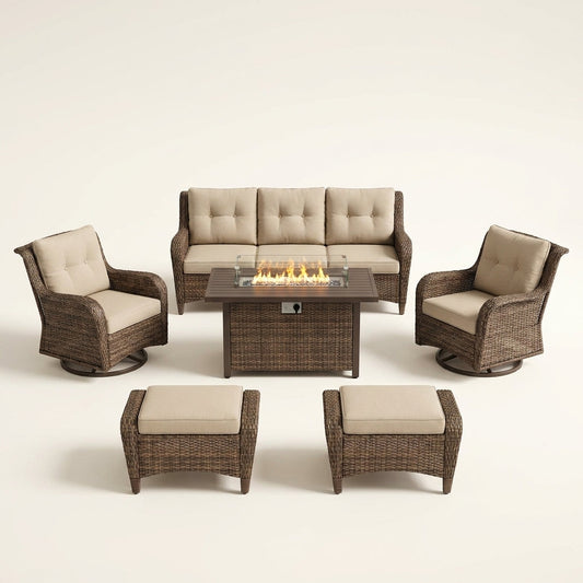 7 Piece Outdoor Patio Furniture Set, Patio Furniture Set with Fire Pit Table Rattan Wicker Patio Furniture Set, Brown Wicker & Beige Cushion — Studio Shot