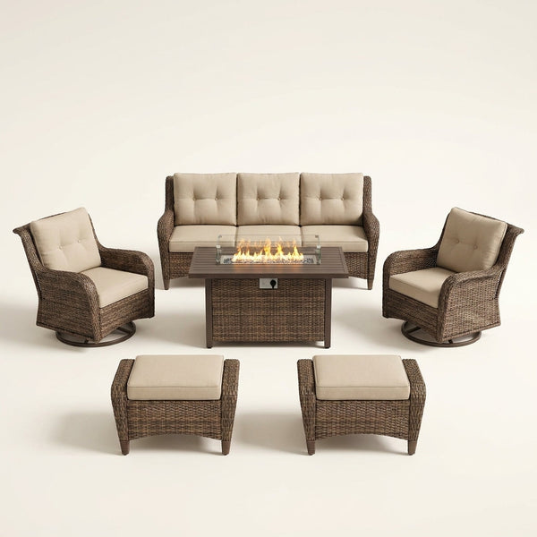 7 Piece Outdoor Patio Furniture Set, Patio Furniture Set with Fire Pit Table Rattan Wicker Patio Furniture Set, Brown Wicker & Beige Cushion — Studio Shot