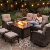 7 Piece Outdoor Patio Furniture Set, Patio Furniture Set with Fire Pit Table Rattan Wicker Patio Furniture Set, Brown Wicker & Beige Cushion — Lifestyle