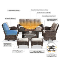 7 Piece Outdoor Patio Furniture Set, Patio Furniture Set with Fire Pit Table Rattan Wicker Patio Furniture Set, Brown Wicker & Beige Cushion — How It Works