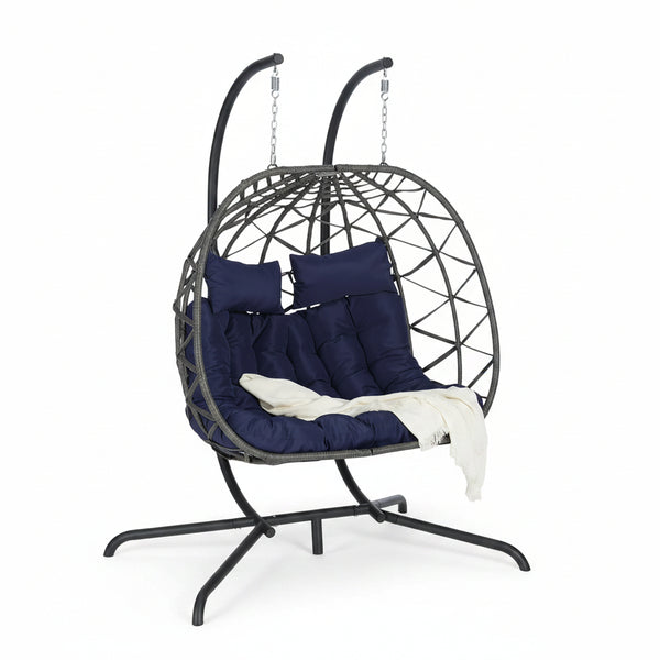 Double Swing Egg Chair with Stand, Patio Rattan Wicker Hammock Egg Chair with UV Cushion, 2 Person Outdoor Indoor Hanging Basket Chair, 600LBS Capacity for Balcony, Dark Blue and Gray
