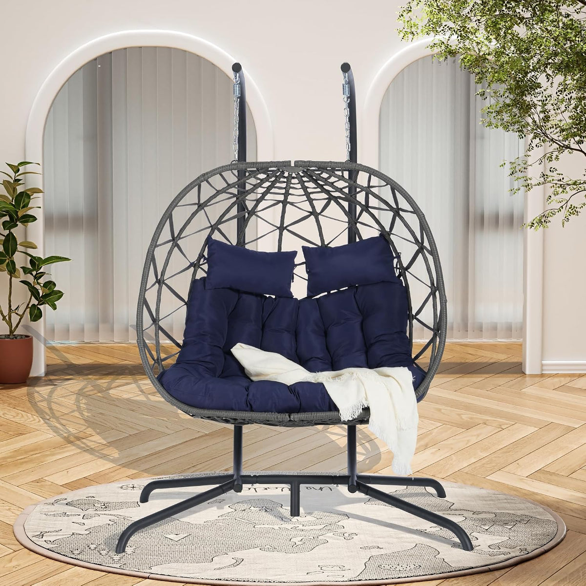 Double Swing Egg Chair with Stand, Patio Rattan Wicker Hammock Egg Chair with UV Cushion, 2 Person Outdoor Indoor Hanging Basket Chair, 600LBS Capacity for Balcony, Dark Blue and Gray