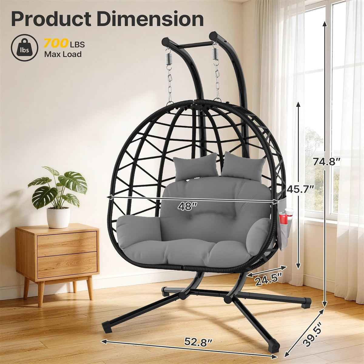 Double Hanging Egg Chair with Stand, Outdoor Indoor 2 Person Wicker Egg Swing Chair with Cushion, 700Lbs Capacity for Patio, Bedroom, Garden - Black