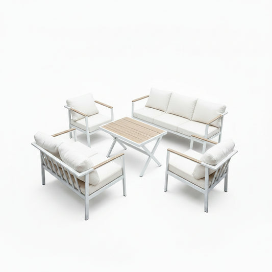 Aluminum Patio Sectional Furniture Set,5 Piece Patio Conversation Sets Outdoor Patio Furniture Set Sofa with Coffee Table & Washable Cushions White