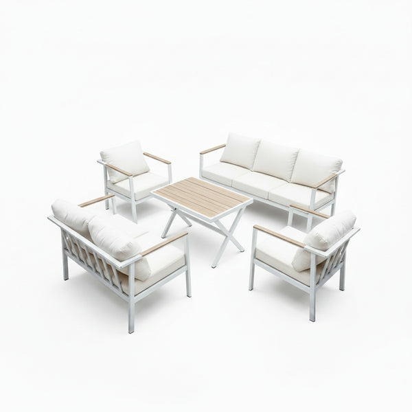 Aluminum Patio Sectional Furniture Set,5 Piece Patio Conversation Sets Outdoor Patio Furniture Set Sofa with Coffee Table & Washable Cushions White