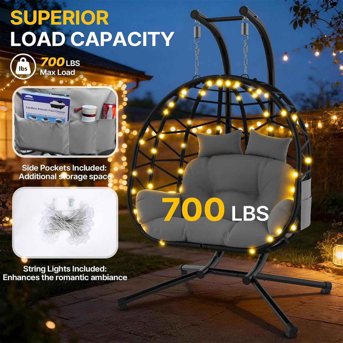 Double Hanging Egg Chair with Stand, Outdoor Indoor 2 Person Wicker Egg Swing Chair with Cushion, 700Lbs Capacity for Patio, Bedroom, Garden - Black