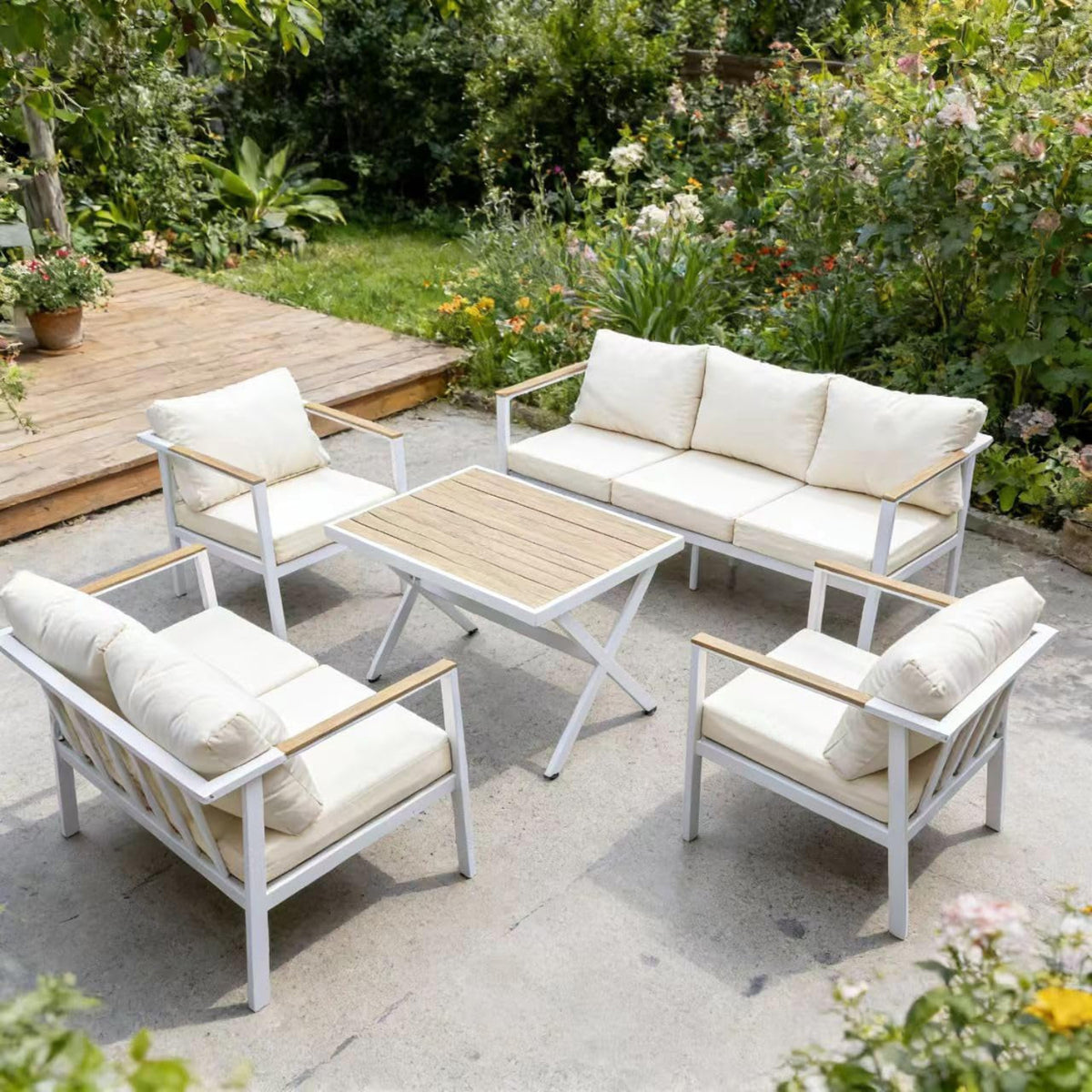 Aluminum Patio Sectional Furniture Set,5 Piece Patio Conversation Sets Outdoor Patio Furniture Set Sofa with Coffee Table & Washable Cushions White