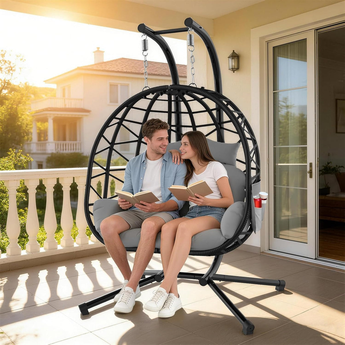 Double Hanging Egg Chair with Stand, Outdoor Indoor 2 Person Wicker Egg Swing Chair with Cushion, 700Lbs Capacity for Patio, Bedroom, Garden - Black