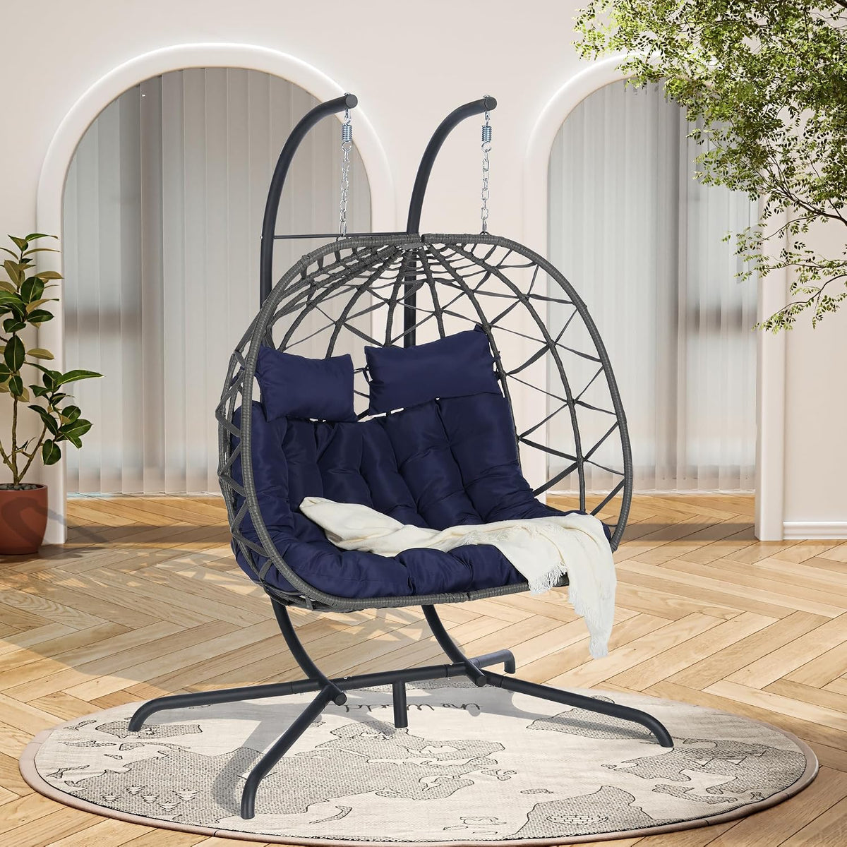 Double Swing Egg Chair with Stand, Patio Rattan Wicker Hammock Egg Chair with UV Cushion, 2 Person Outdoor Indoor Hanging Basket Chair, 600LBS Capacity for Balcony, Dark Blue and Gray