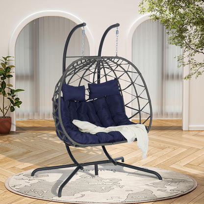 Double Swing Egg Chair with Stand, Patio Rattan Wicker Hammock Egg Chair with UV Cushion, 2 Person Outdoor Indoor Hanging Basket Chair, 600LBS Capacity for Balcony, Dark Blue and Gray