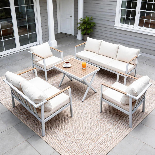 Aluminum Patio Sectional Furniture Set,5 Piece Patio Conversation Sets Outdoor Patio Furniture Set Sofa with Coffee Table & Washable Cushions White