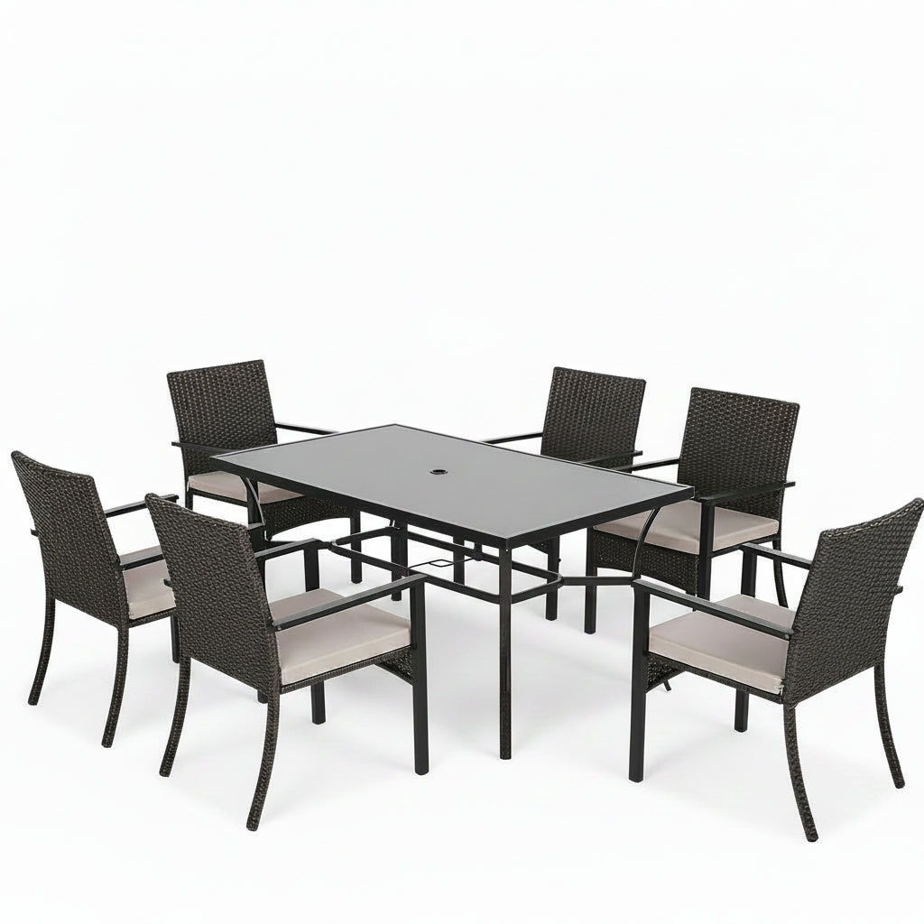 7Pcs Outdoor Dining Set Rectangular Table Patio Dining Set Rattan Wicker Chairs