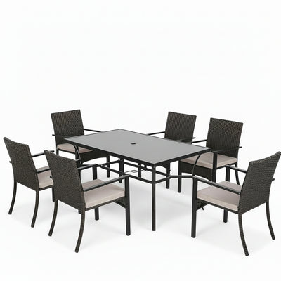 7Pcs Outdoor Dining Set Rectangular Table Patio Dining Set Rattan Wicker Chairs