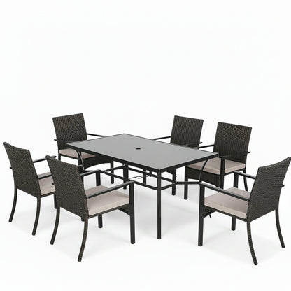 7Pcs Outdoor Dining Set Rectangular Table Patio Dining Set Rattan Wicker Chairs
