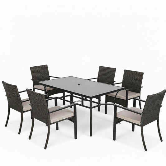 7Pcs Outdoor Dining Set Rectangular Table Patio Dining Set Rattan Wicker Chairs