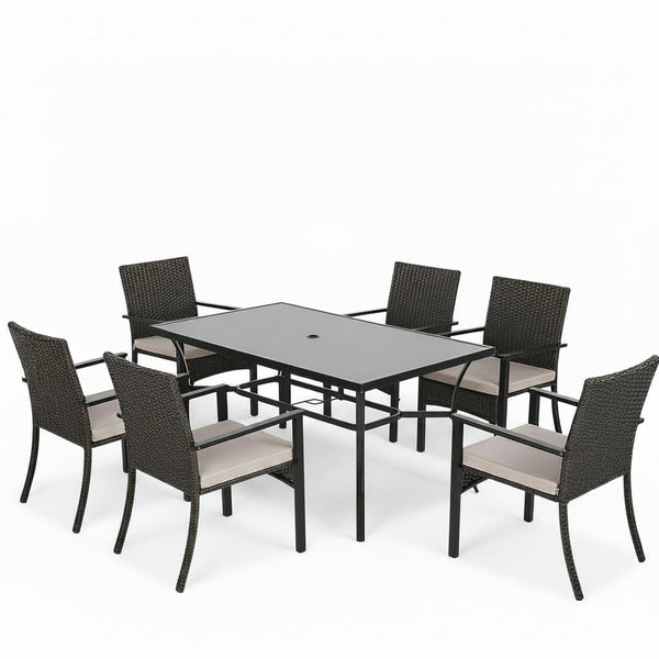 7Pcs Outdoor Dining Set Rectangular Table Patio Dining Set Rattan Wicker Chairs