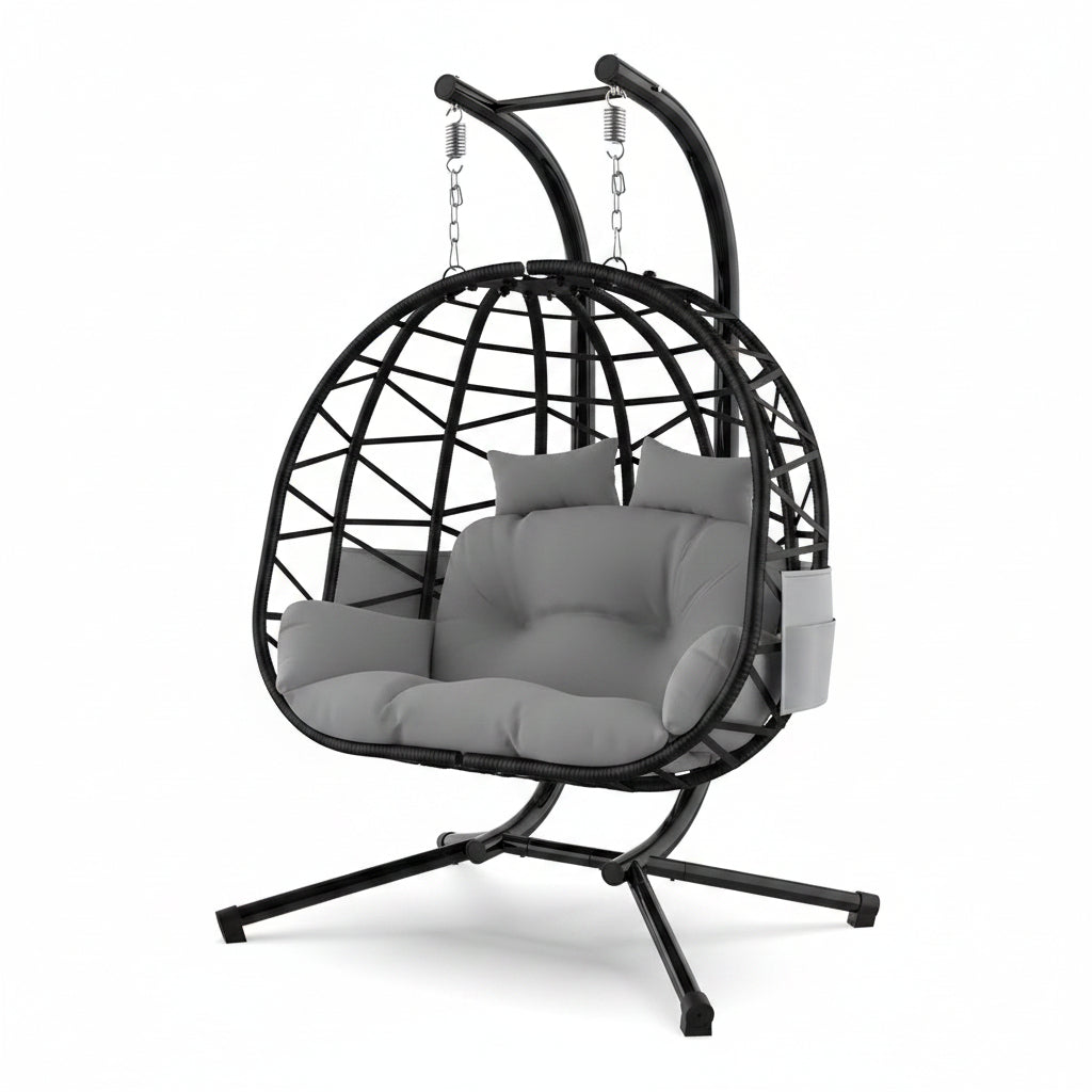 Double Hanging Egg Chair with Stand, Outdoor Indoor 2 Person Wicker Egg Swing Chair with Cushion, 700Lbs Capacity for Patio, Bedroom, Garden - Black