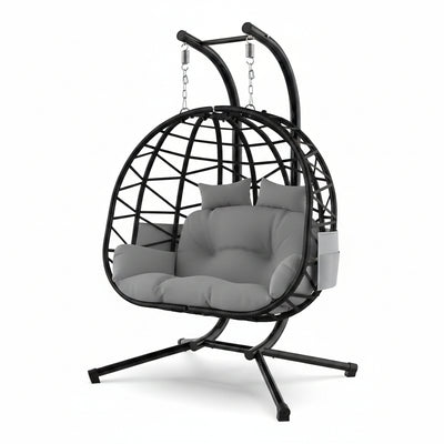 Double Hanging Egg Chair with Stand, Outdoor Indoor 2 Person Wicker Egg Swing Chair with Cushion, 700Lbs Capacity for Patio, Bedroom, Garden - Black