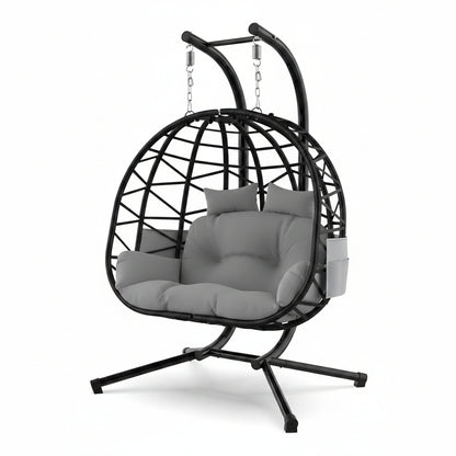 Double Hanging Egg Chair with Stand, Outdoor Indoor 2 Person Wicker Egg Swing Chair with Cushion, 700Lbs Capacity for Patio, Bedroom, Garden - Black