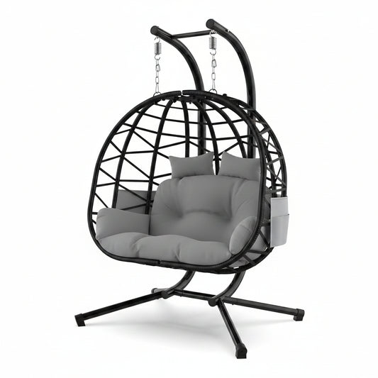 Double Hanging Egg Chair with Stand, Outdoor Indoor 2 Person Wicker Egg Swing Chair with Cushion, 700Lbs Capacity for Patio, Bedroom, Garden - Black