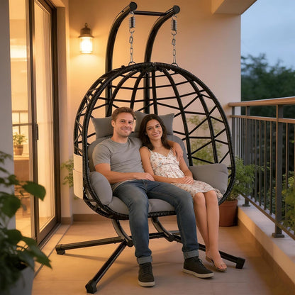 Double Hanging Egg Chair with Stand, Outdoor Indoor 2 Person Wicker Egg Swing Chair with Cushion, 700Lbs Capacity for Patio, Bedroom, Garden - Black